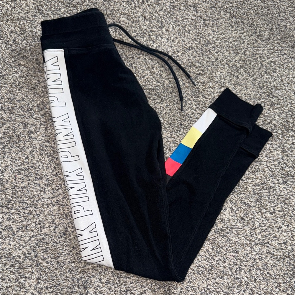 PINK Victoria's Secret Black Leggings with Colorful Stripe